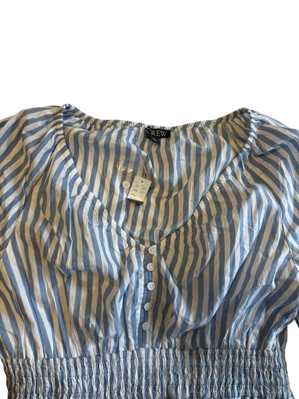 J. Crew V-Neck Smocked Waist Top in Stripe Cotton Lawn Size L Blue White NWT - Picture 4 of 10